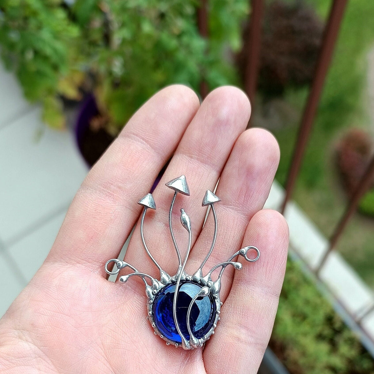 Blue Glass Mushroom Necklace – Silver Tone Copper & Pewter Forest Pendant – Botanical