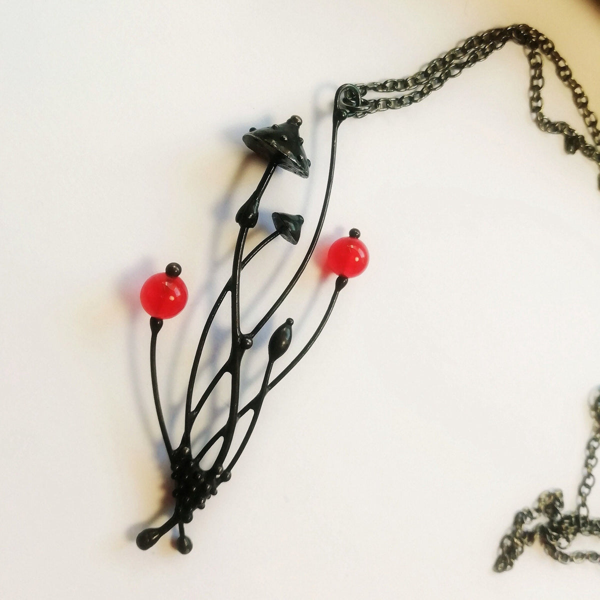 Red Glass Amanita Mushroom Necklace – Blackened Copper Forest Pendant – Botanical