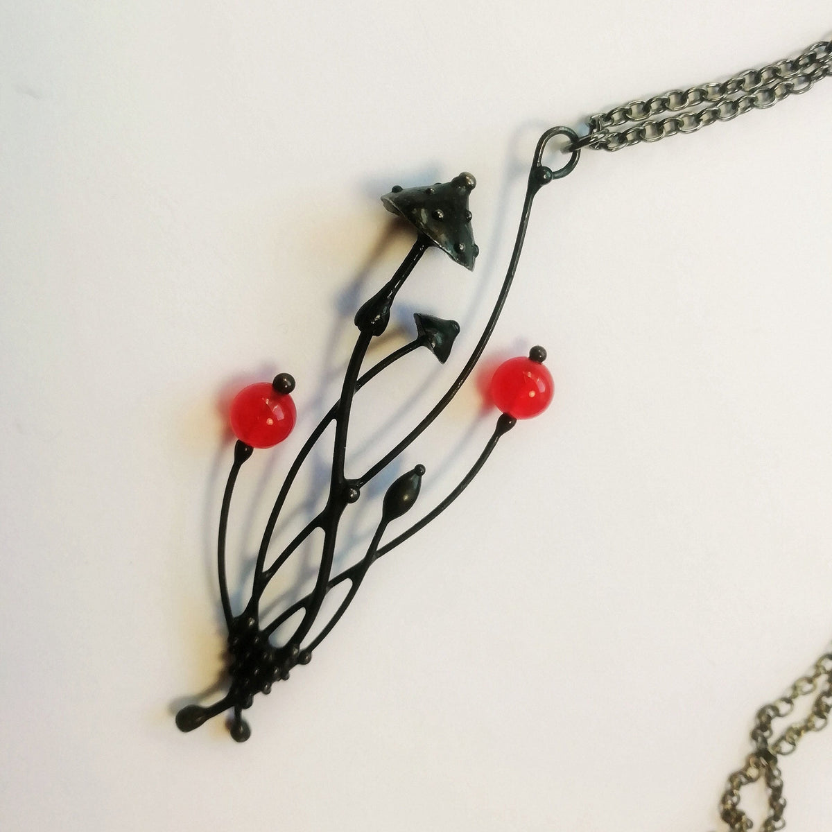 Red Glass Amanita Mushroom Necklace – Blackened Copper Forest Pendant – Botanical
