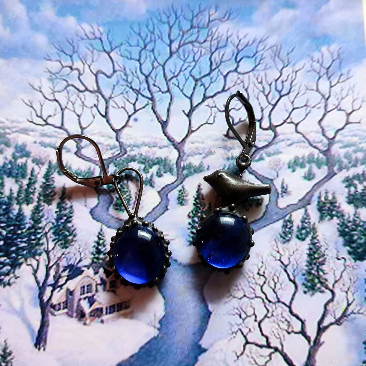 Cobalt Blue Glass Asymmetrical Bird Earrings – Blackened Copper