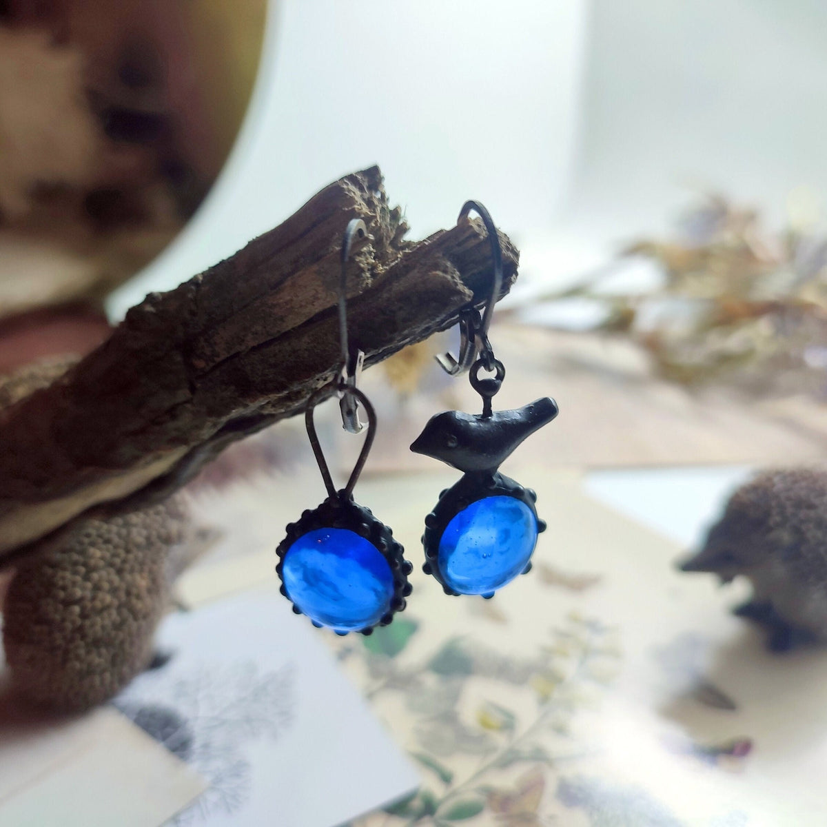 Cobalt Blue Glass Asymmetrical Bird Earrings – Blackened Copper