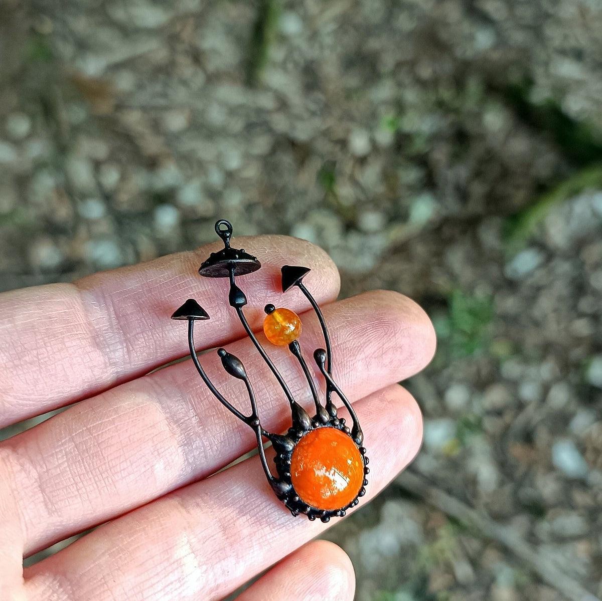 Orange Glass Amanita Mushroom Necklace – Blackened Copper
