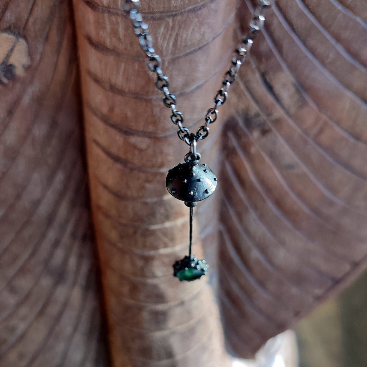 Green Glass Amanita Mushroom Necklace – Blackened Copper Long Stem Pendant – Forest