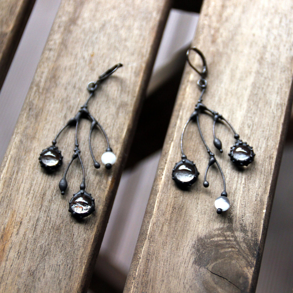 Clear Glass Branch Earrings – Blackened Copper