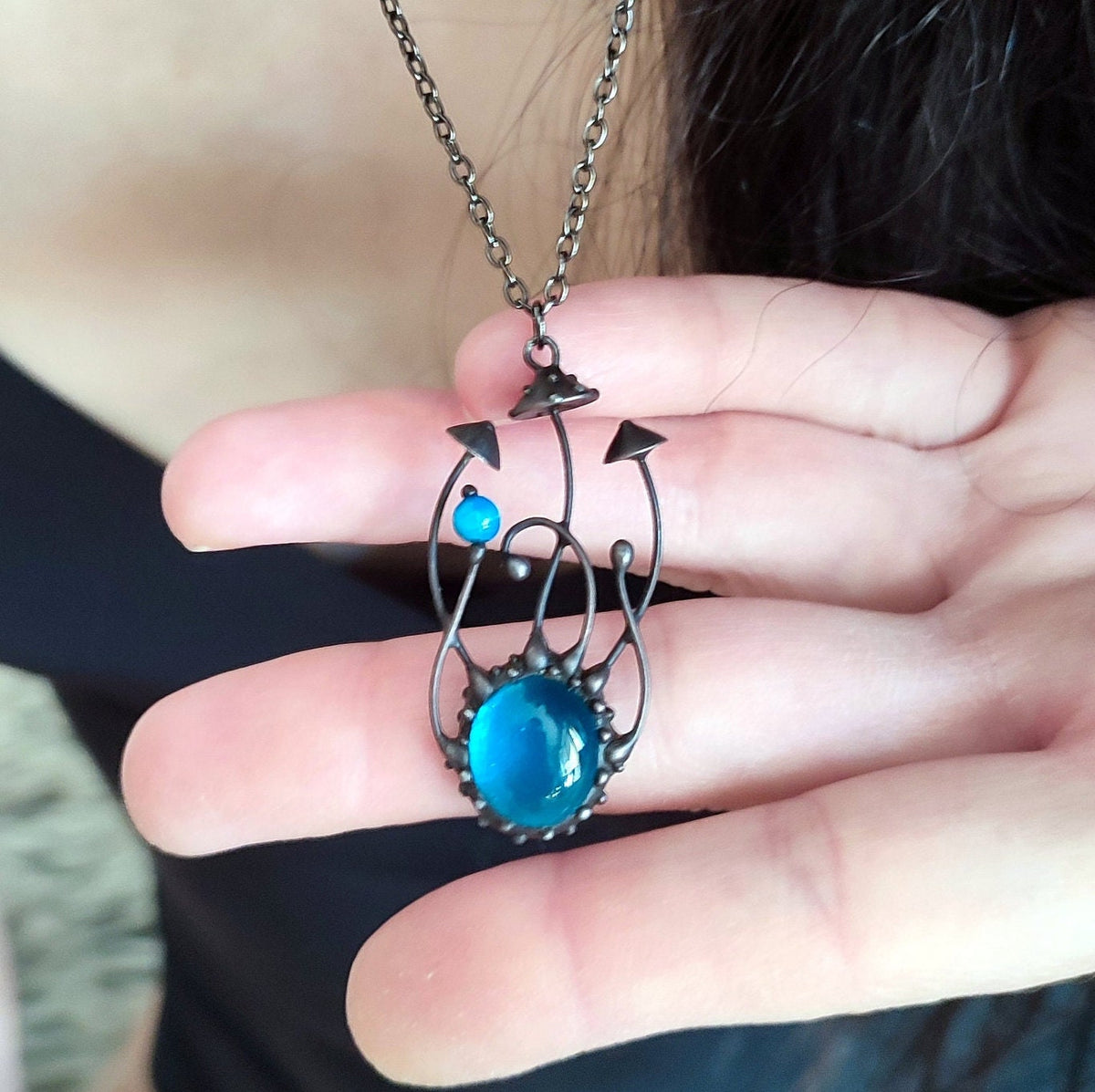 Blue Glass Amanita Mushroom Necklace – Blackened Copper & Pewter Forest Pendant