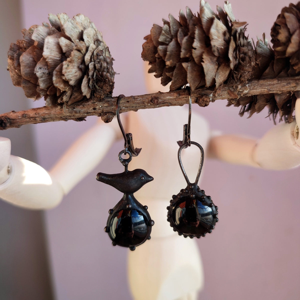 Black Glass Asymmetrical Bird Earrings – Blackened Copper