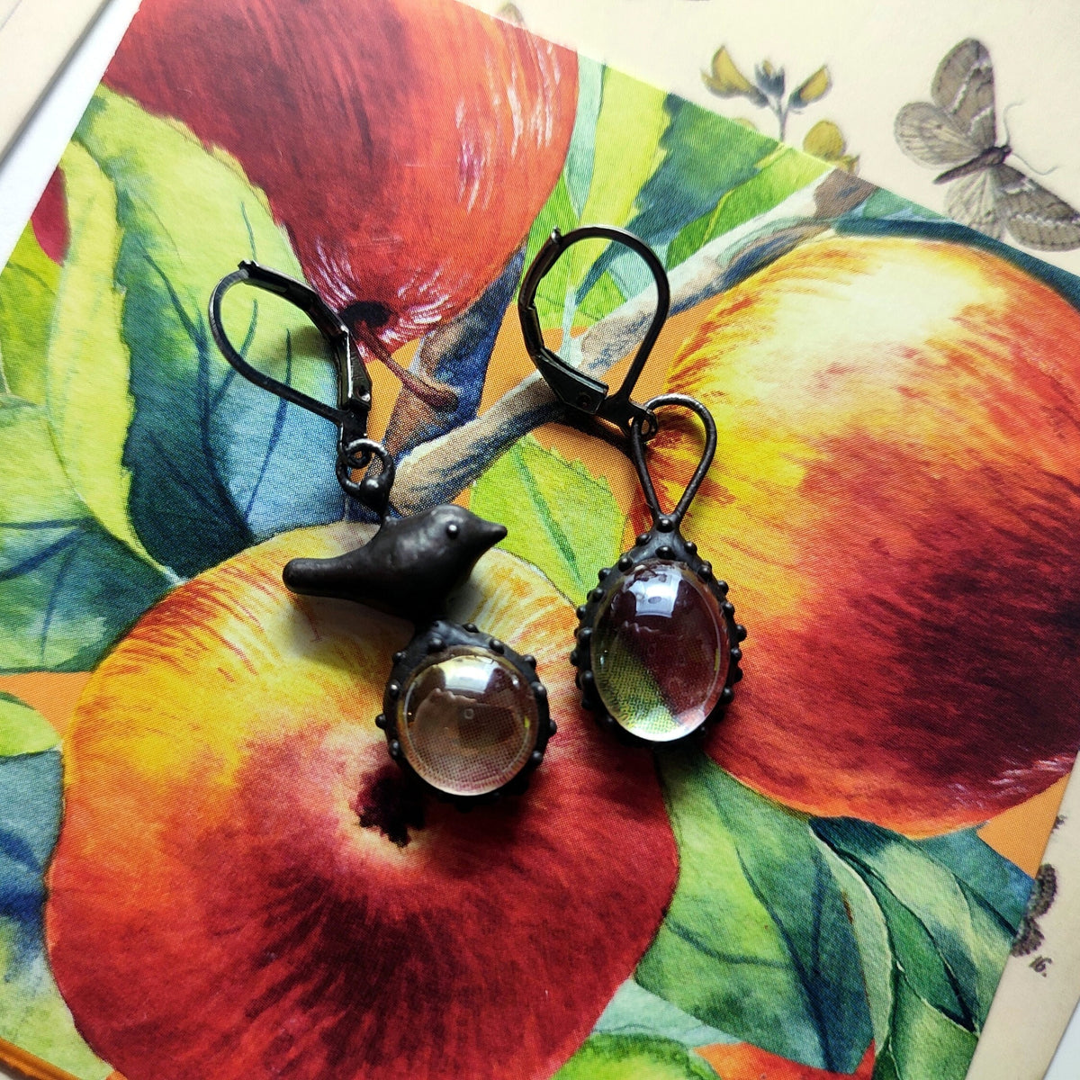 Clear Glass Asymmetrical Bird Earrings – Blackened Copper