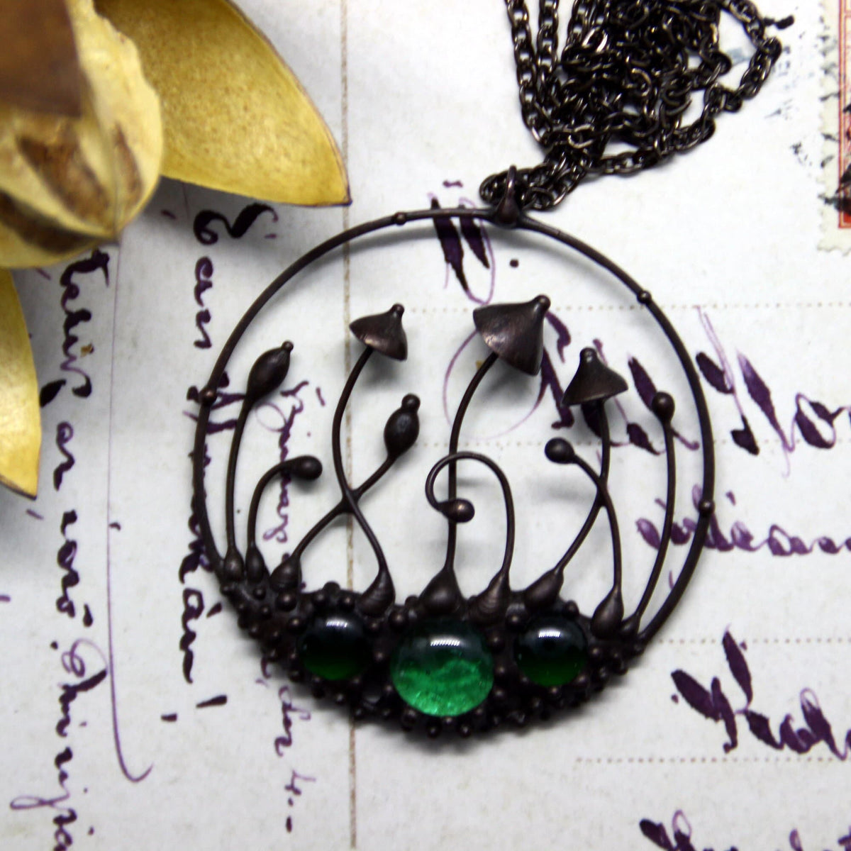 Green Glass Mushroom Necklace – Blackened Copper Round Forest Pendant – Botanical