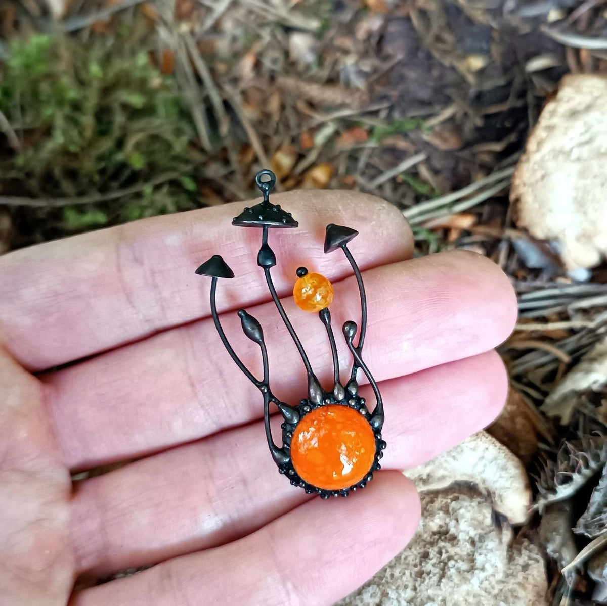 Orange Glass Amanita Mushroom Necklace – Blackened Copper