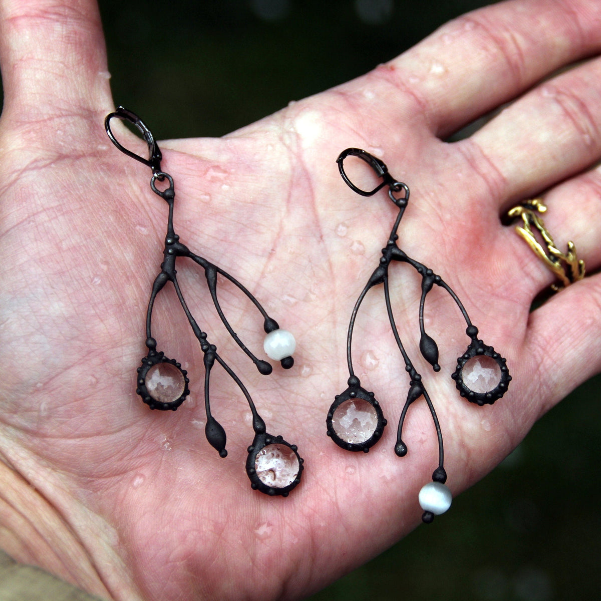 Clear Glass Branch Earrings – Blackened Copper