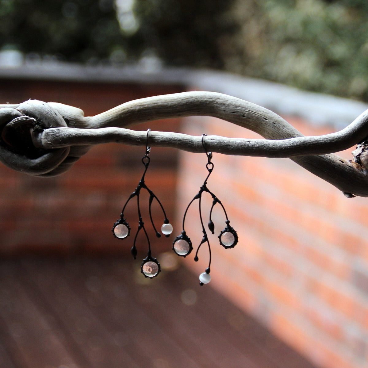 Clear Glass Branch Earrings – Blackened Copper