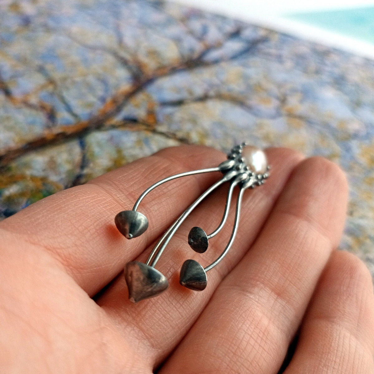 Pearl Mushroom Brooch – Silver Tone