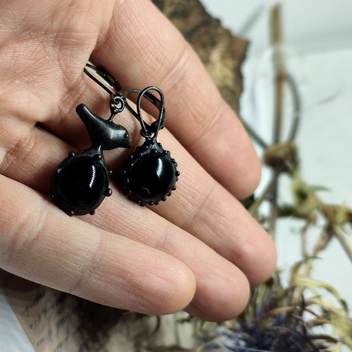 Black Glass Asymmetrical Bird Earrings – Blackened Copper