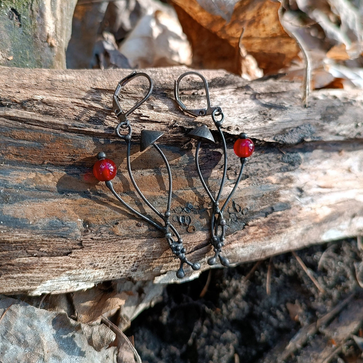 Red Glass Mushroom Earrings – Blackened Copper & Pewter Forest Dangles – Botanical