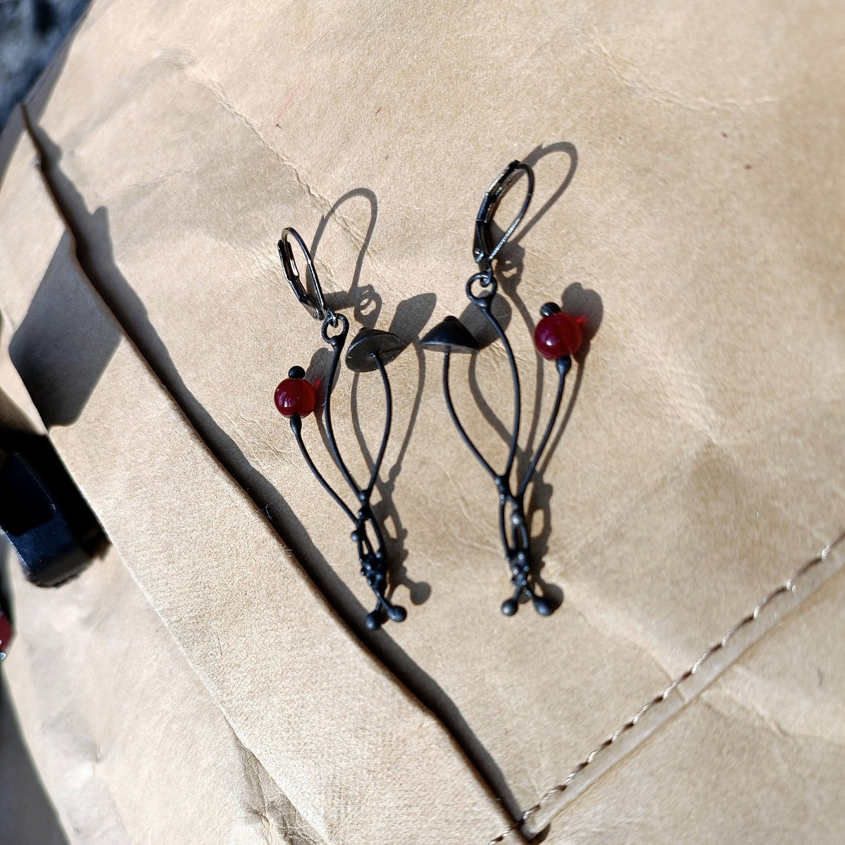 Red Glass Mushroom Earrings – Blackened Copper & Pewter Forest Dangles – Botanical