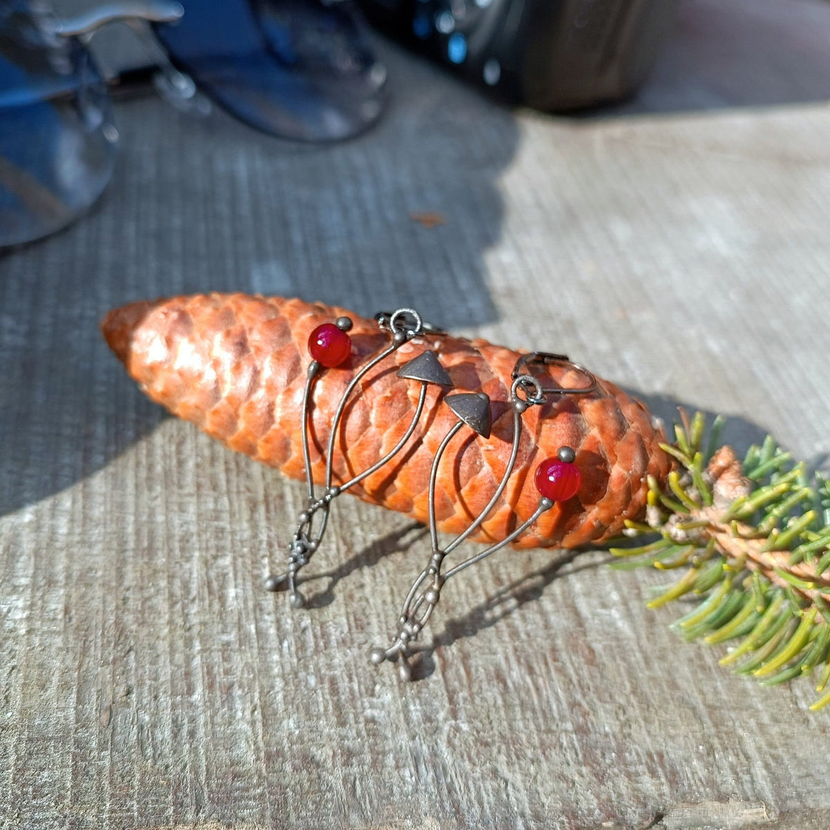 Red Glass Mushroom Earrings – Blackened Copper & Pewter Forest Dangles – Botanical