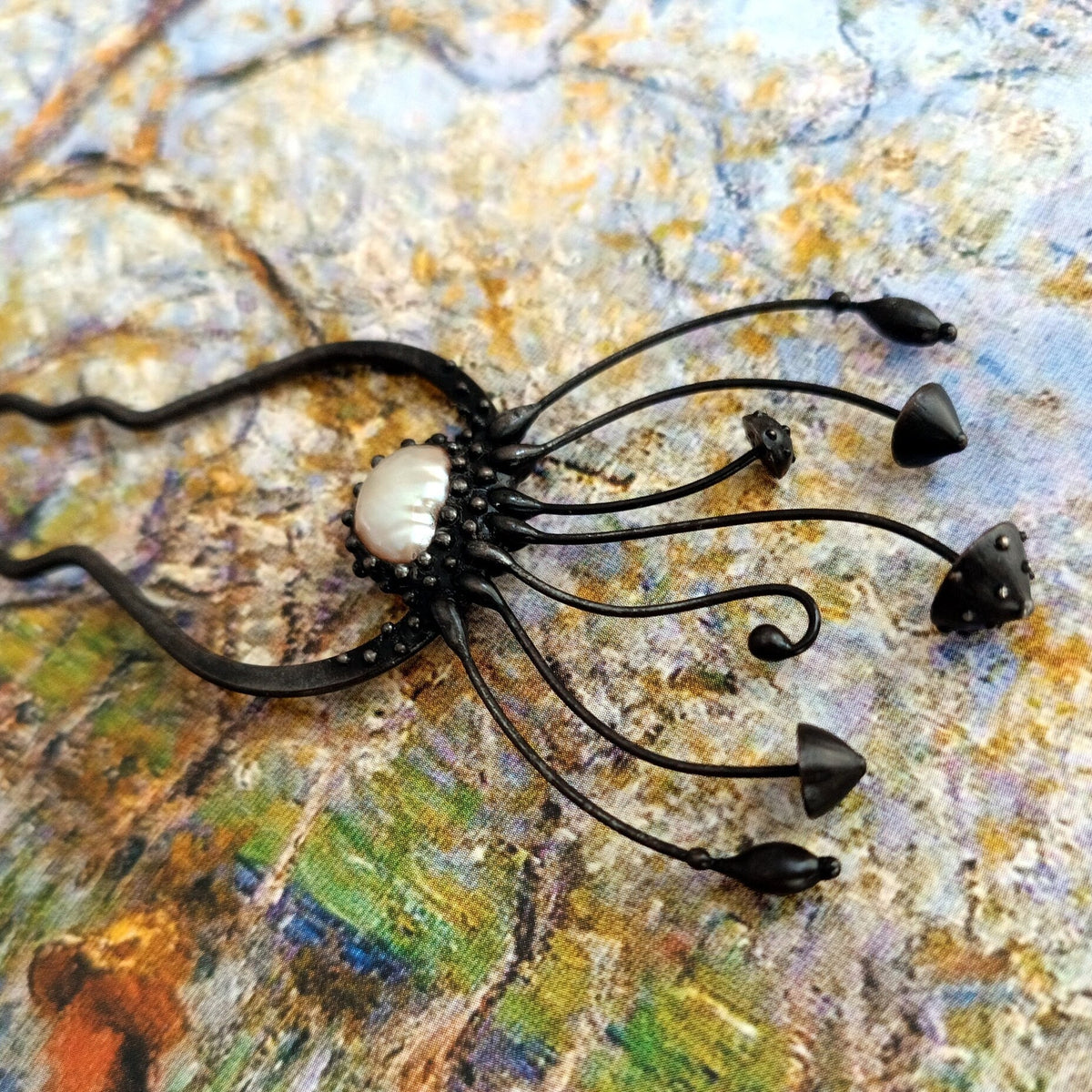 Pearl Amanita Mushroom Hair Pin – Blackened Copper