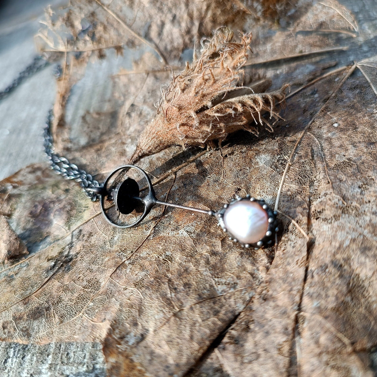 Pink Pearl Amanita Mushroom Necklace – Blackened Copper