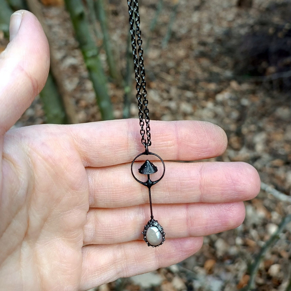 Pink Pearl Amanita Mushroom Necklace – Blackened Copper