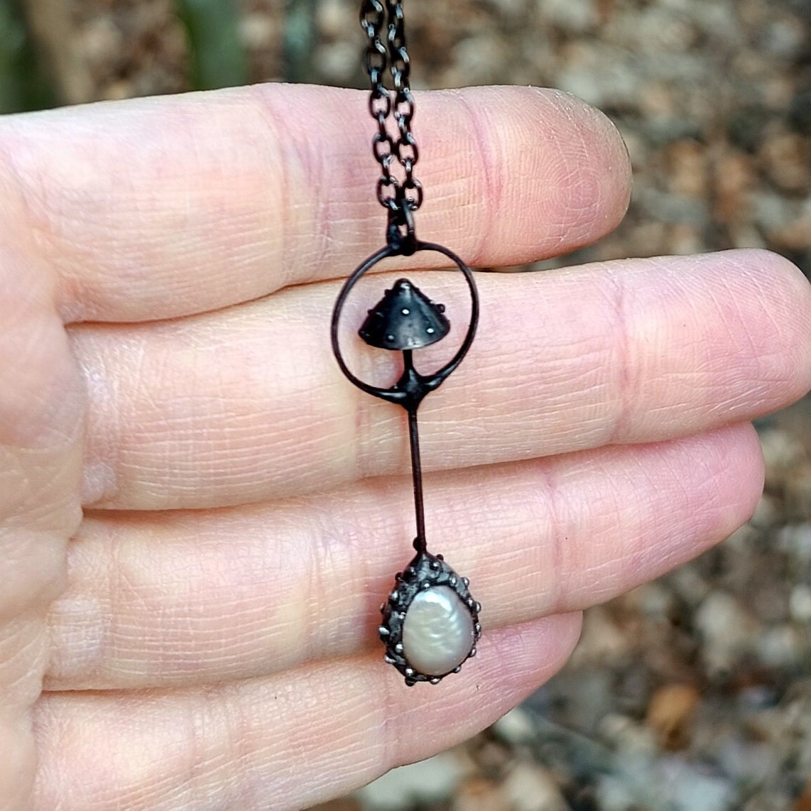 Pink Pearl Amanita Mushroom Necklace – Blackened Copper