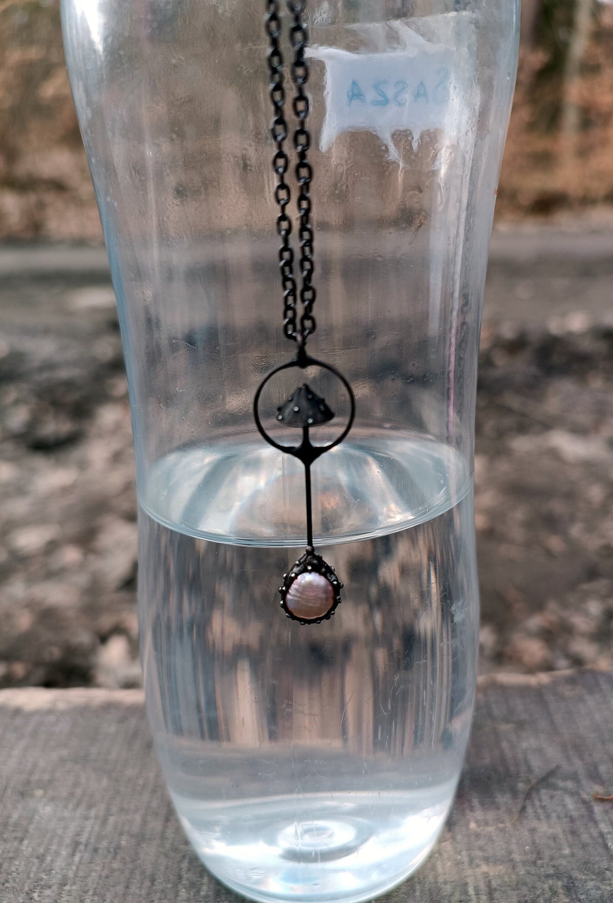 Pink Pearl Amanita Mushroom Necklace – Blackened Copper