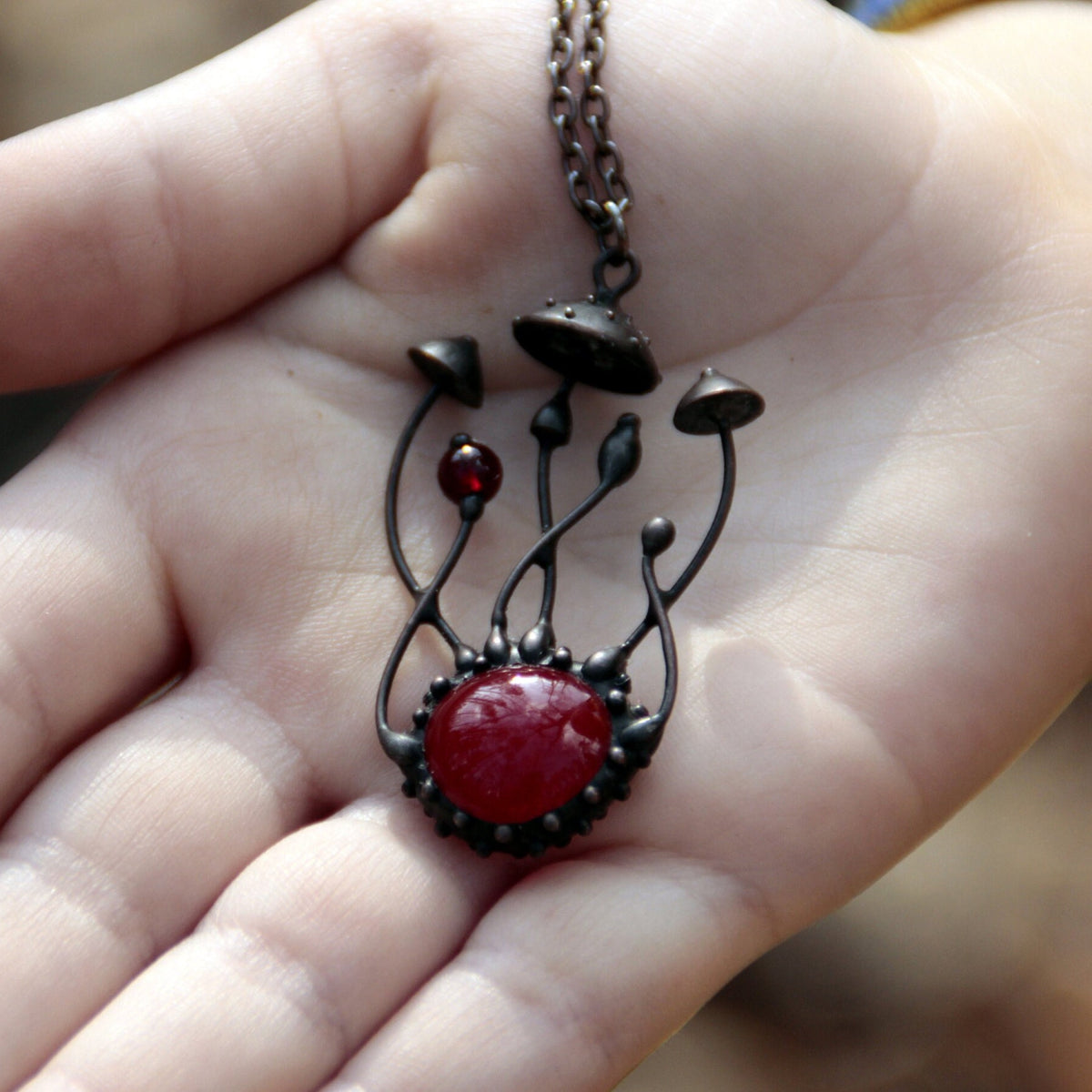 Red Glass Amanita Mushroom Necklace – Blackened Copper & Pewter Forest Pendant – Botanical