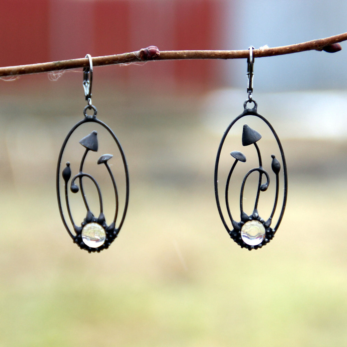 Two Mushroom Clear Glass Earrings – Blackened Copper