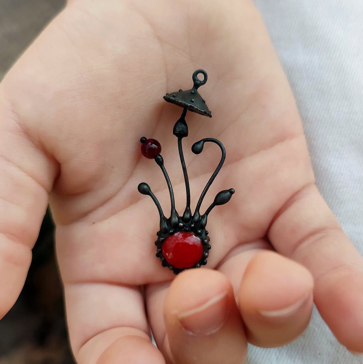 Red Glass Amanita Mushroom Necklace – Blackened Copper & Pewter Forest Pendant