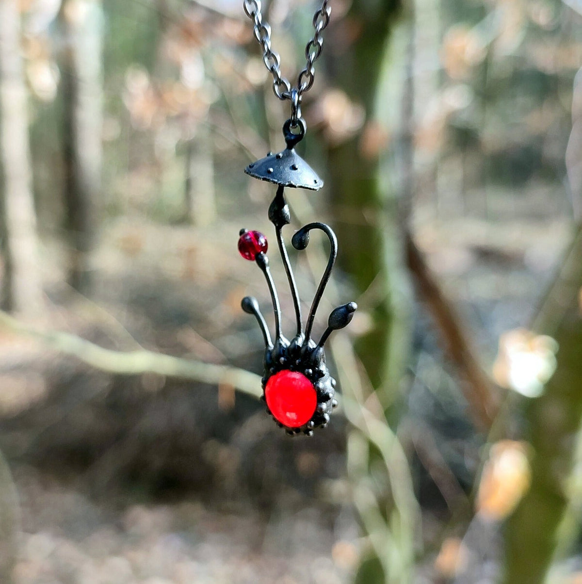Red Glass Amanita Mushroom Necklace – Blackened Copper & Pewter Forest Pendant