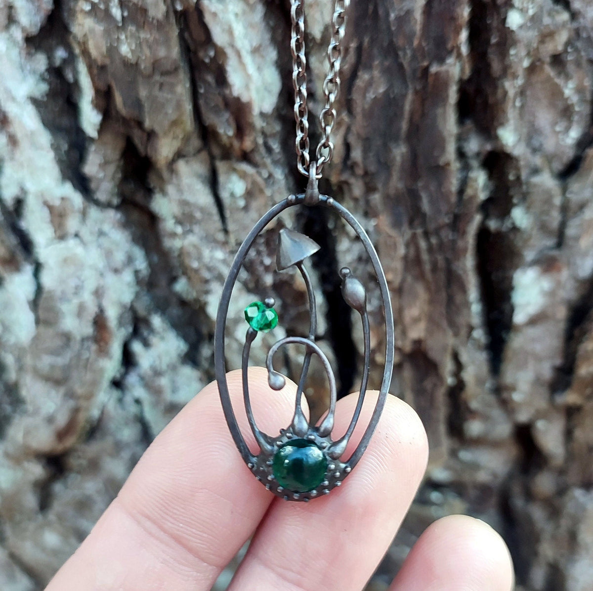Green Glass Mushroom Necklace – Blackened Copper Oval Forest Pendant – Magic Mushroom