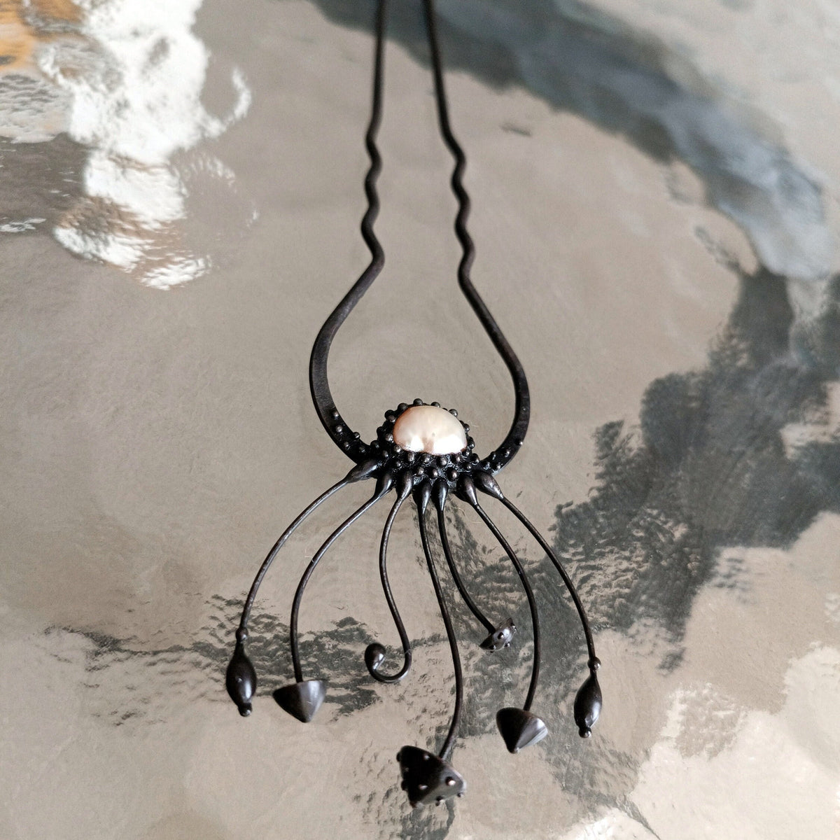 Pearl Amanita Mushroom Hair Pin – Blackened Copper