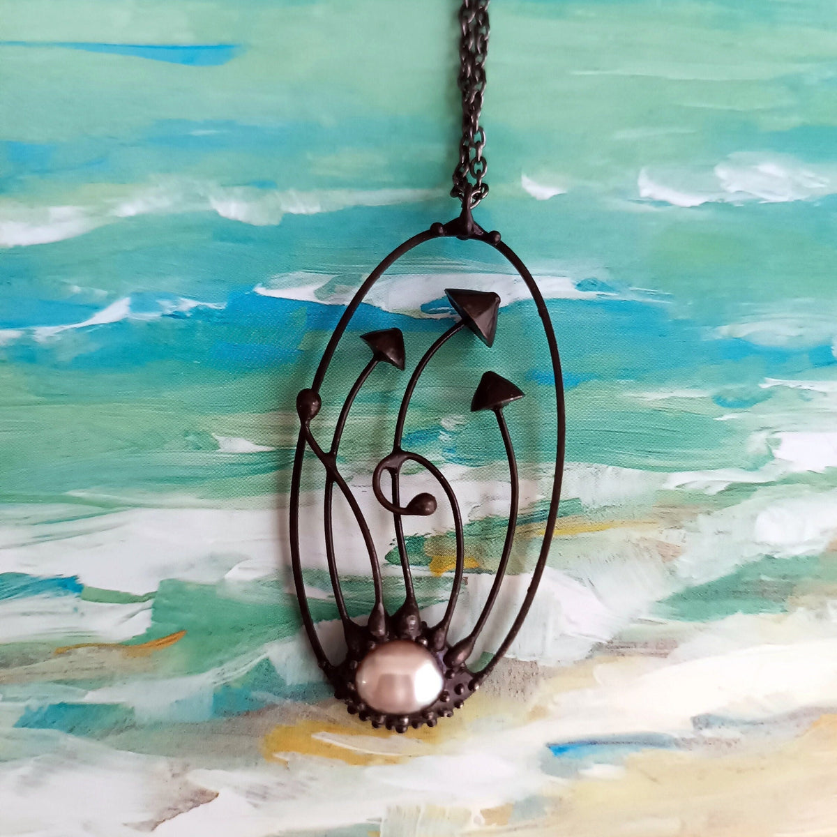 Pearl Mushroom Necklace – Blackened Copper