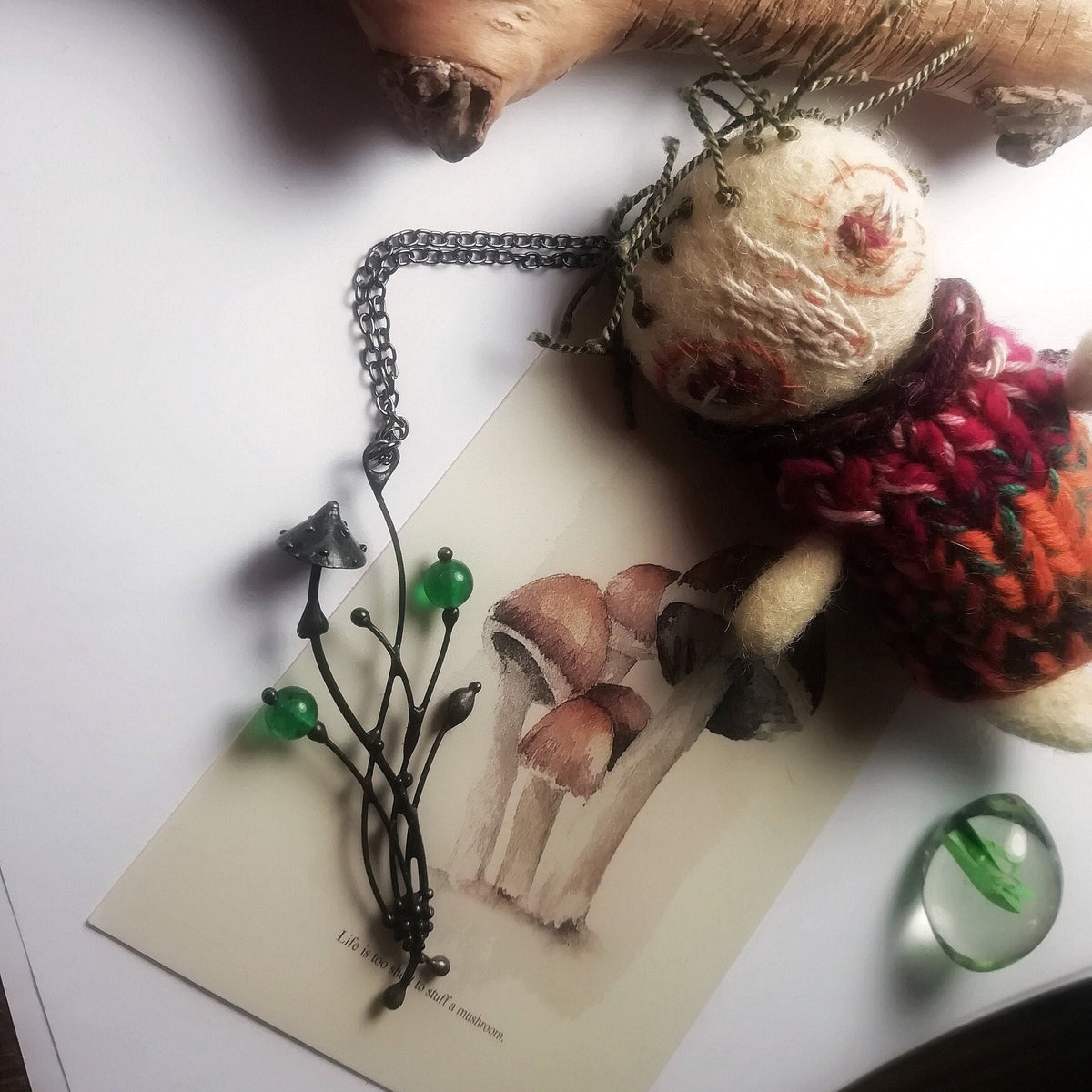 Green Glass Mushroom Pendant Necklace – Blackened Copper Forest – Botanical