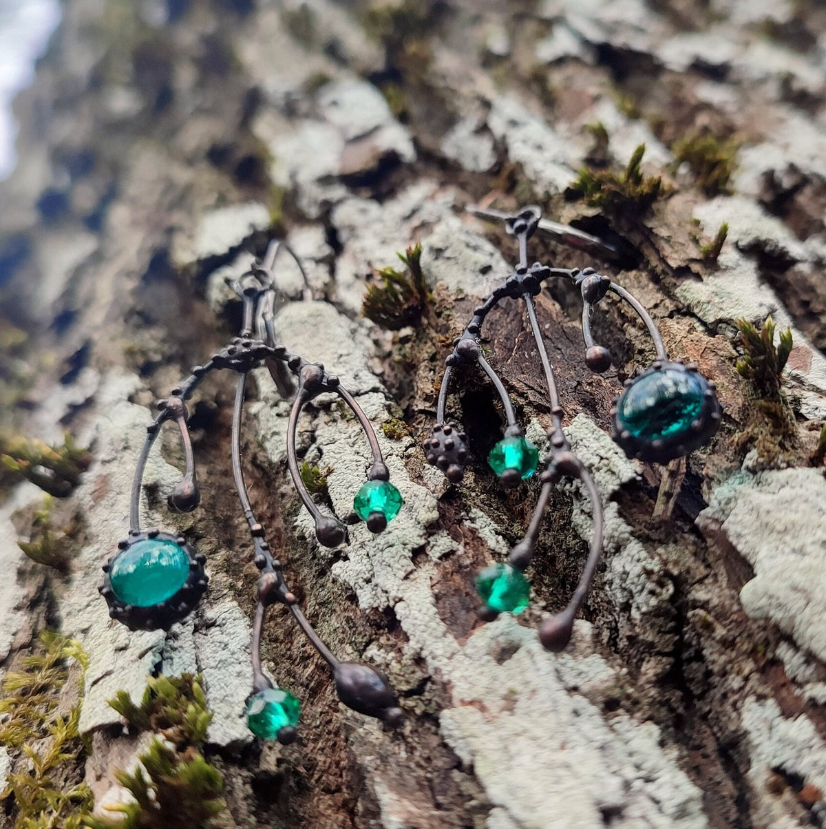 Green Glass Asymmetrical Branch Earrings – Blackened Copper