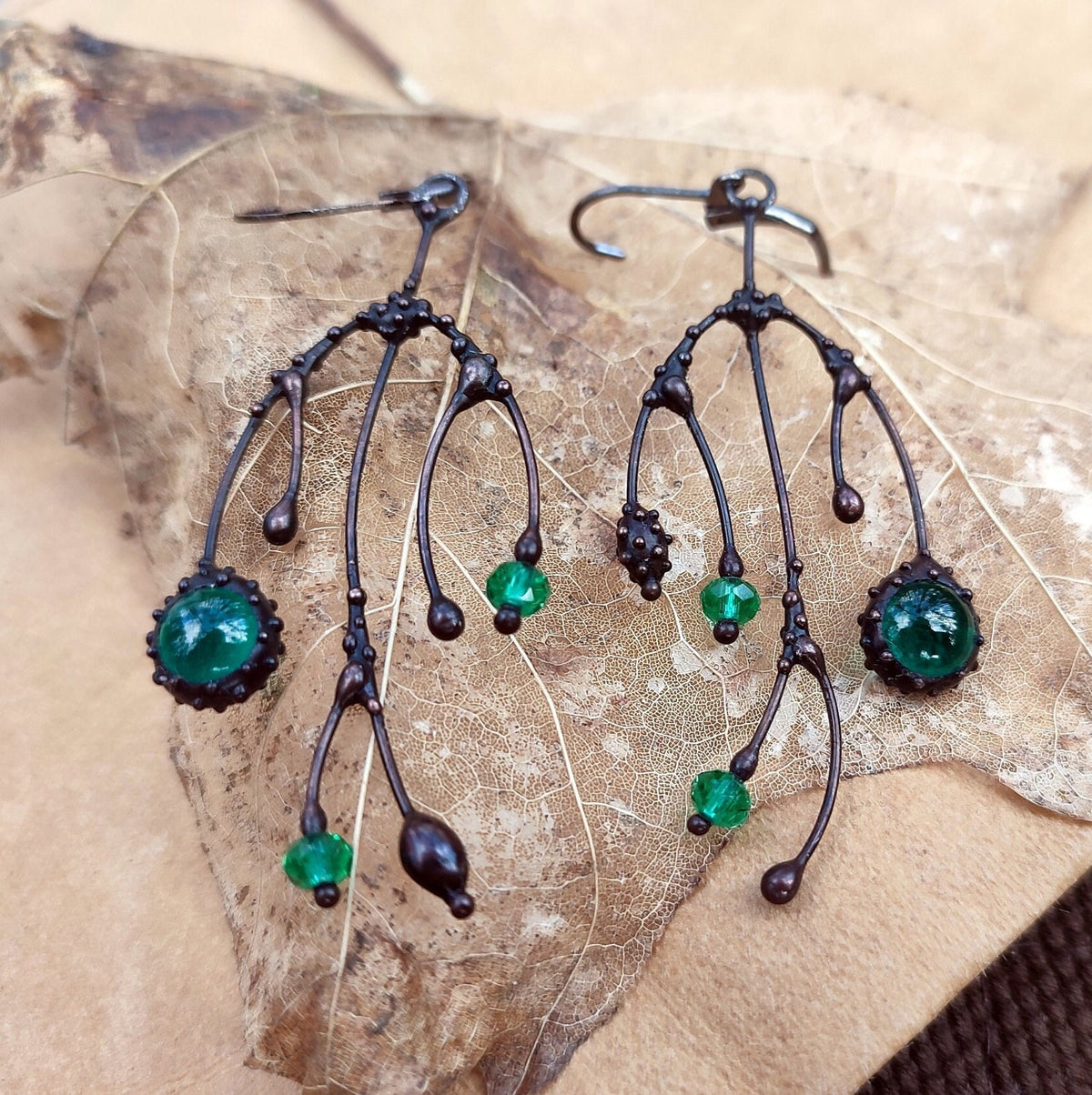 Green Glass Asymmetrical Branch Earrings – Blackened Copper