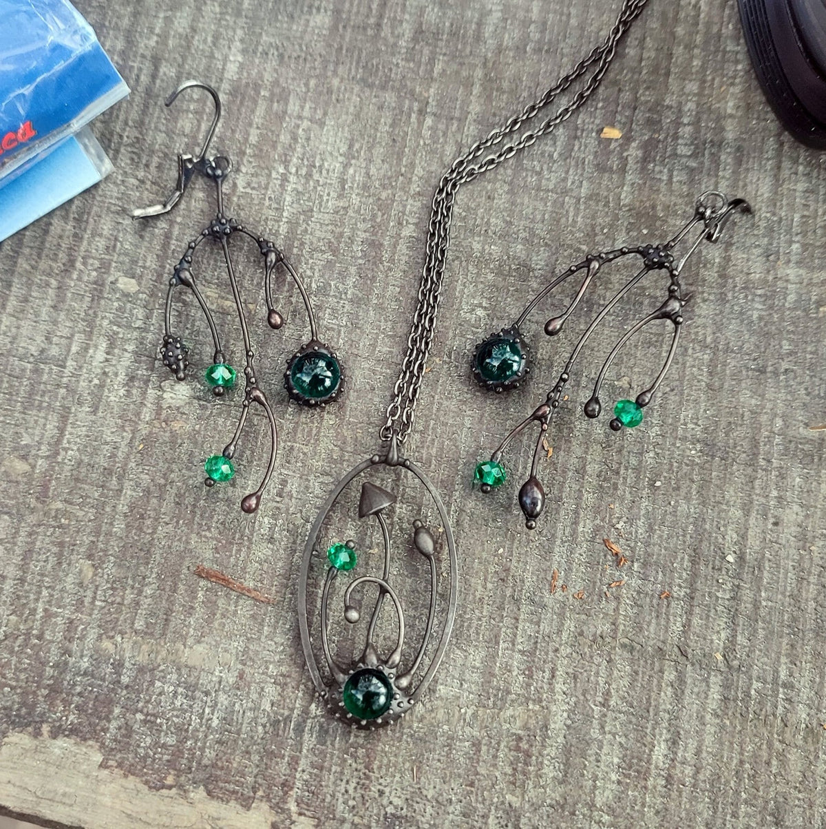 Green Glass Asymmetrical Branch Earrings – Blackened Copper