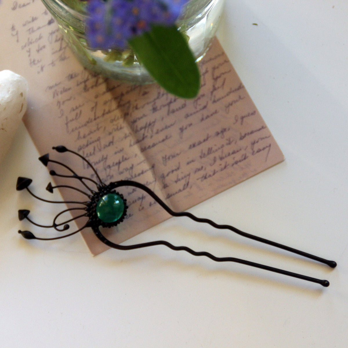 Green Glass Mushroom Hair Pin – Blackened Copper Forest Hair Fork – Witchy Botanical
