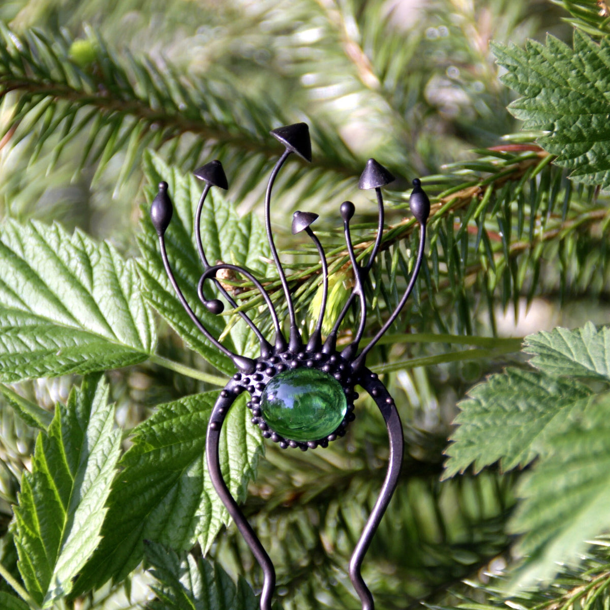 Green Glass Mushroom Hair Pin – Blackened Copper Forest Hair Fork – Witchy Botanical