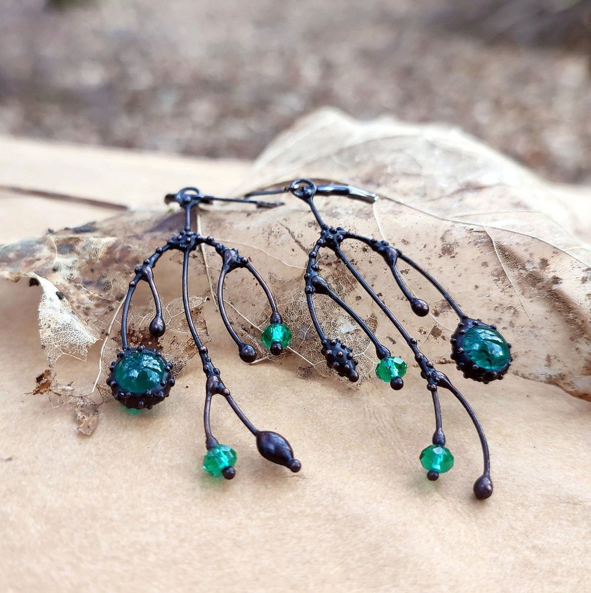 Green Glass Asymmetrical Branch Earrings – Blackened Copper