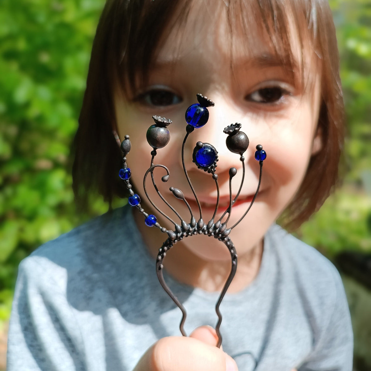 Cobalt Blue Glass Poppy Hair Pin – Blackened Copper