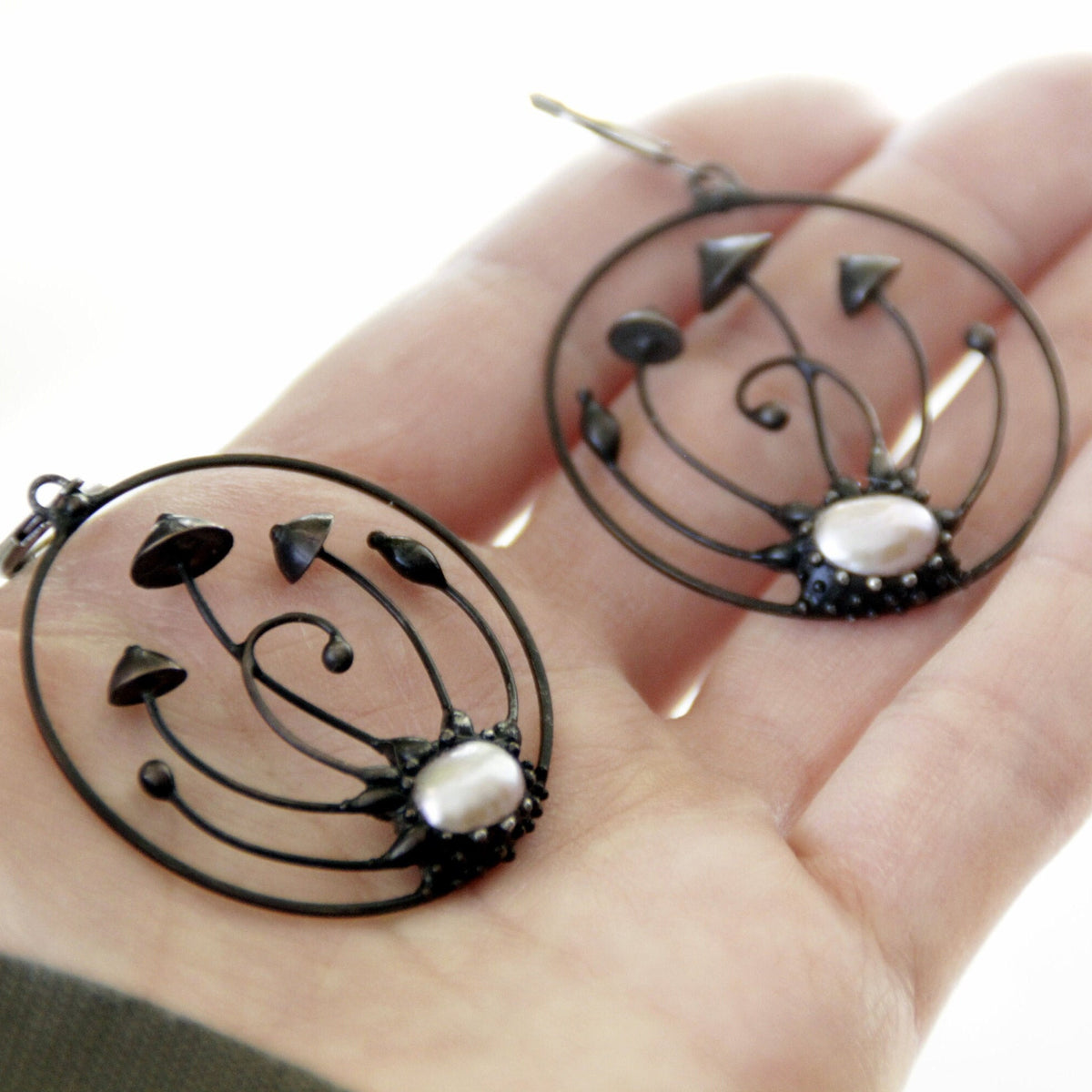 Pearl Mushroom Hoop Earrings – Blackened Copper & Pewter Forest Hoops – Woodland Fairy
