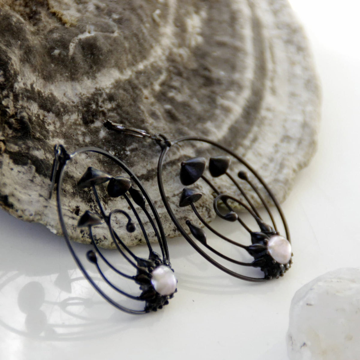Pearl Mushroom Hoop Earrings – Blackened Copper & Pewter Forest Hoops – Woodland Fairy