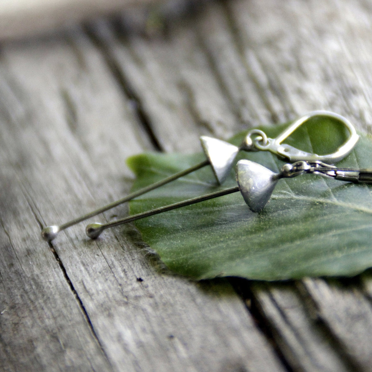 Silver Mushroom Earrings – Copper & Pewter Long Stem Dangles – Minimalist Forest