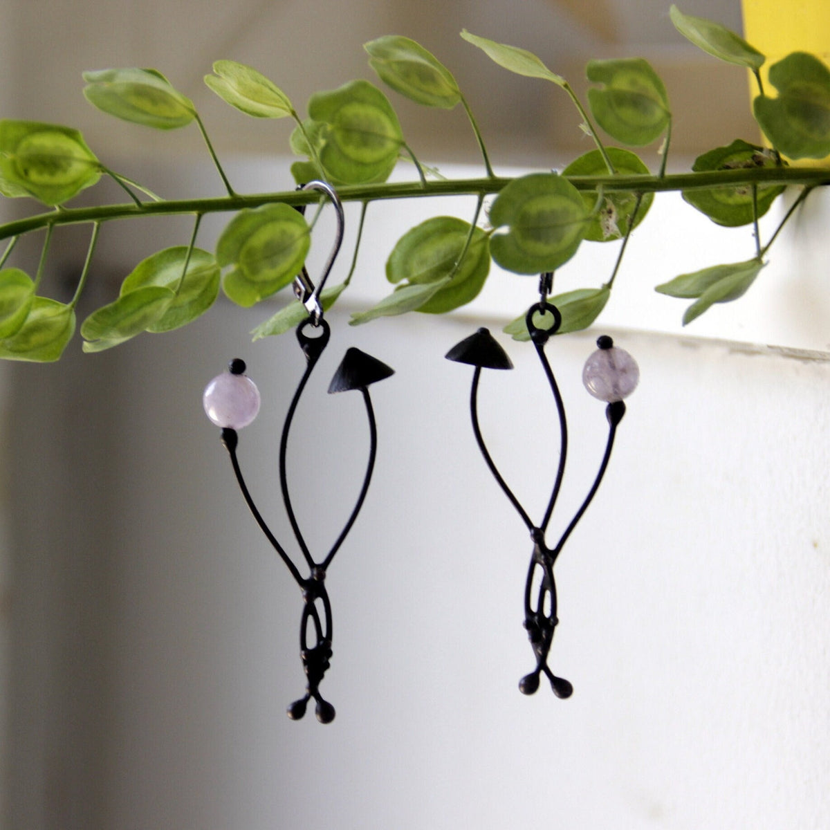 Rose Quartz Mushroom Earrings – Blackened Copper