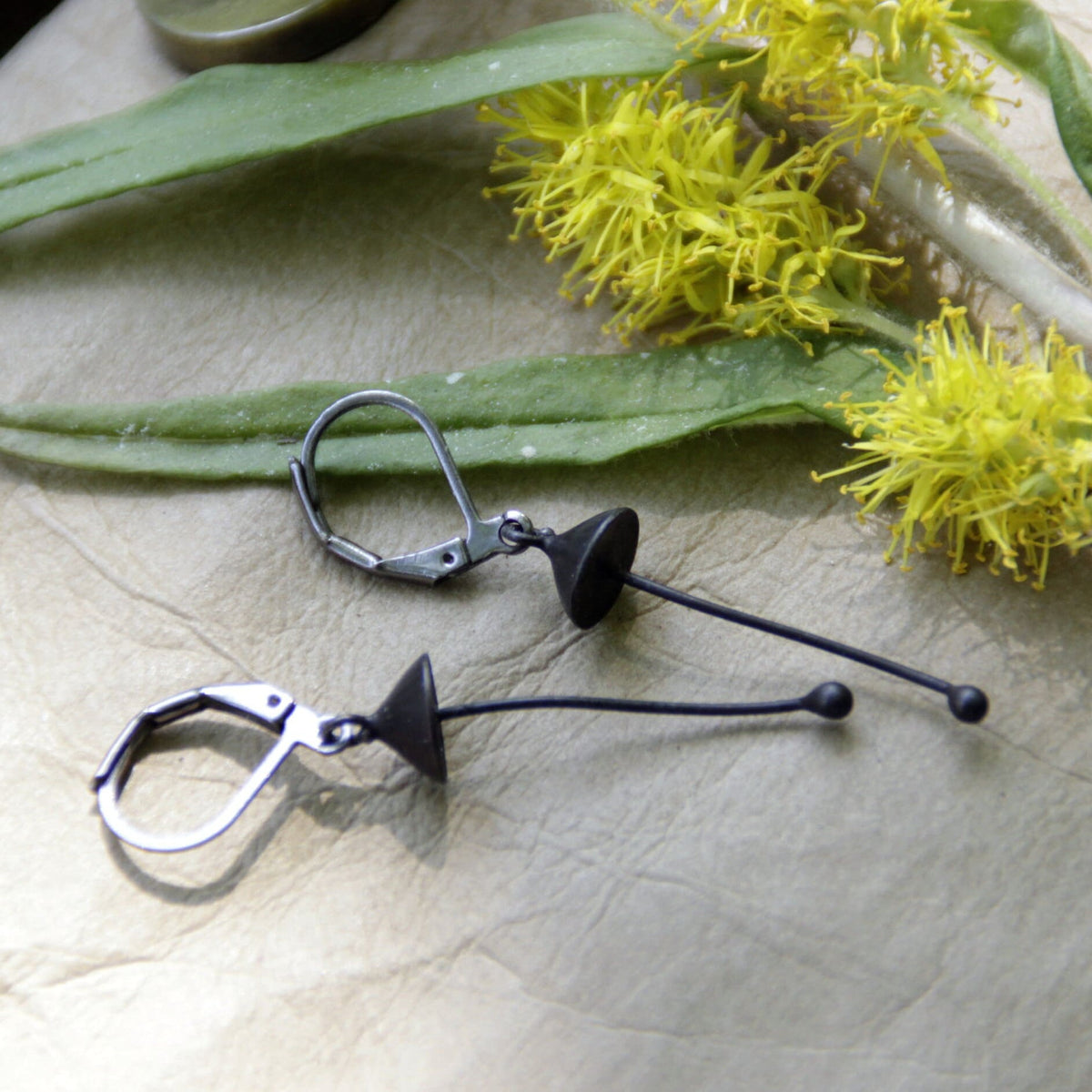Black Mushroom Earrings – Copper & Pewter Long Stem Dangles – Minimalist Forest