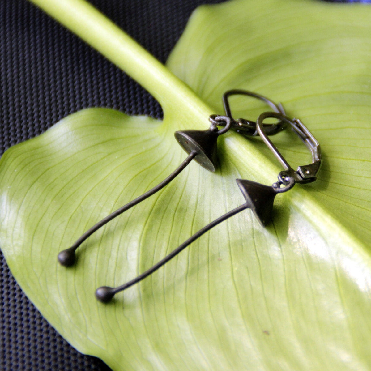 Black Mushroom Earrings – Copper & Pewter Long Stem Dangles – Minimalist Forest