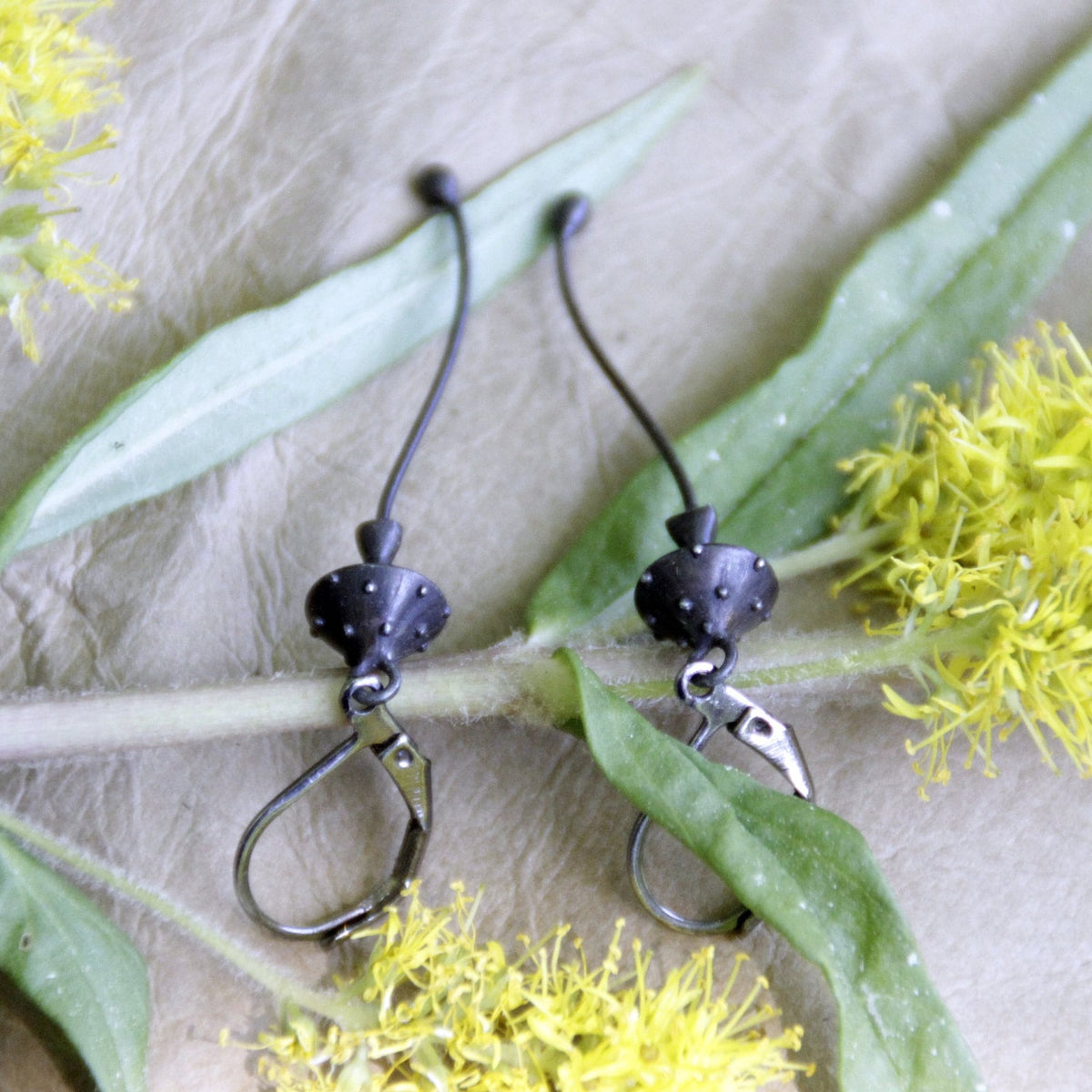 Black Amanita Mushroom Earrings – Copper & Pewter Toadstool Dangles – Woodland Witch