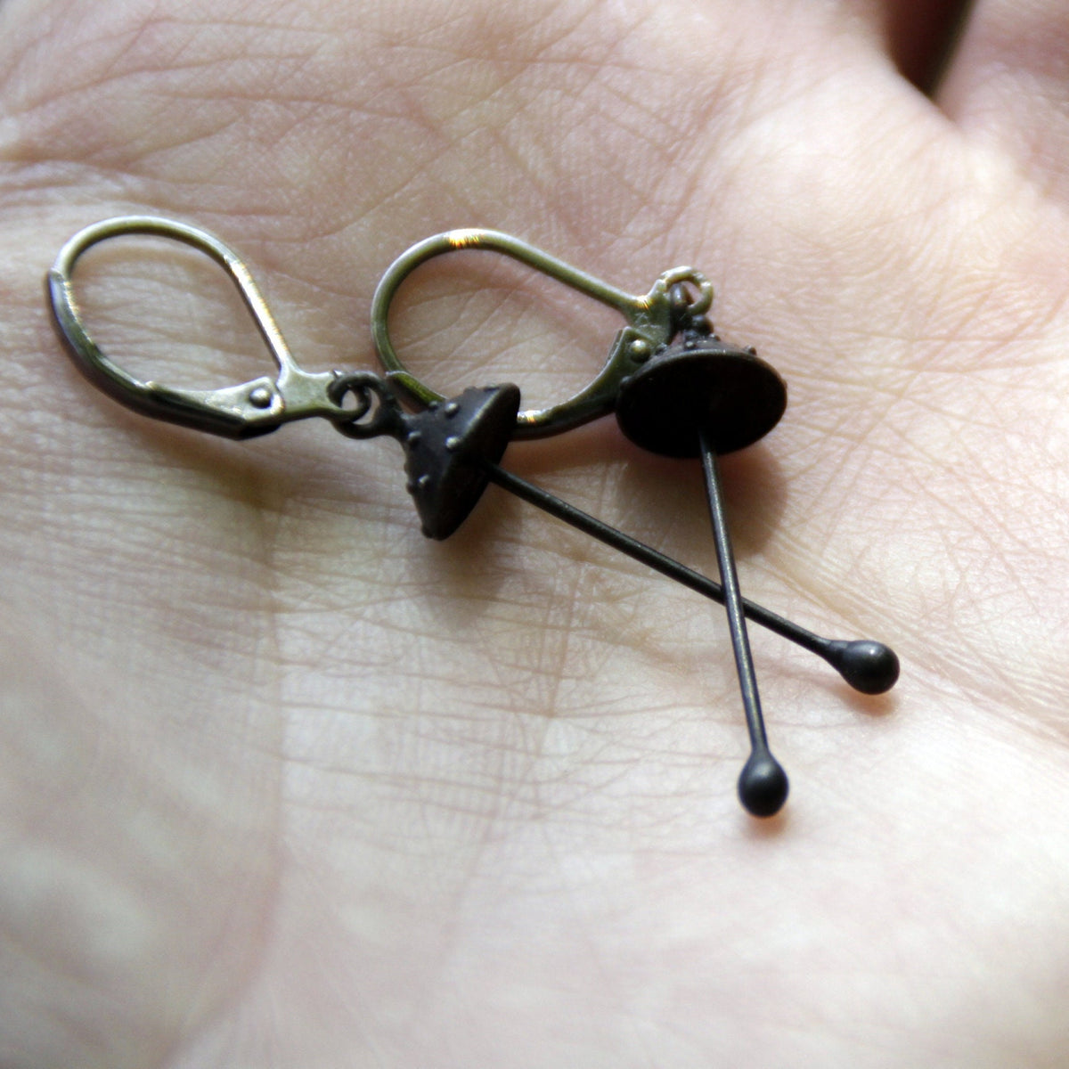 Black Amanita Mushroom Earrings – Copper & Pewter Long Stem Dangles – Forest Witch