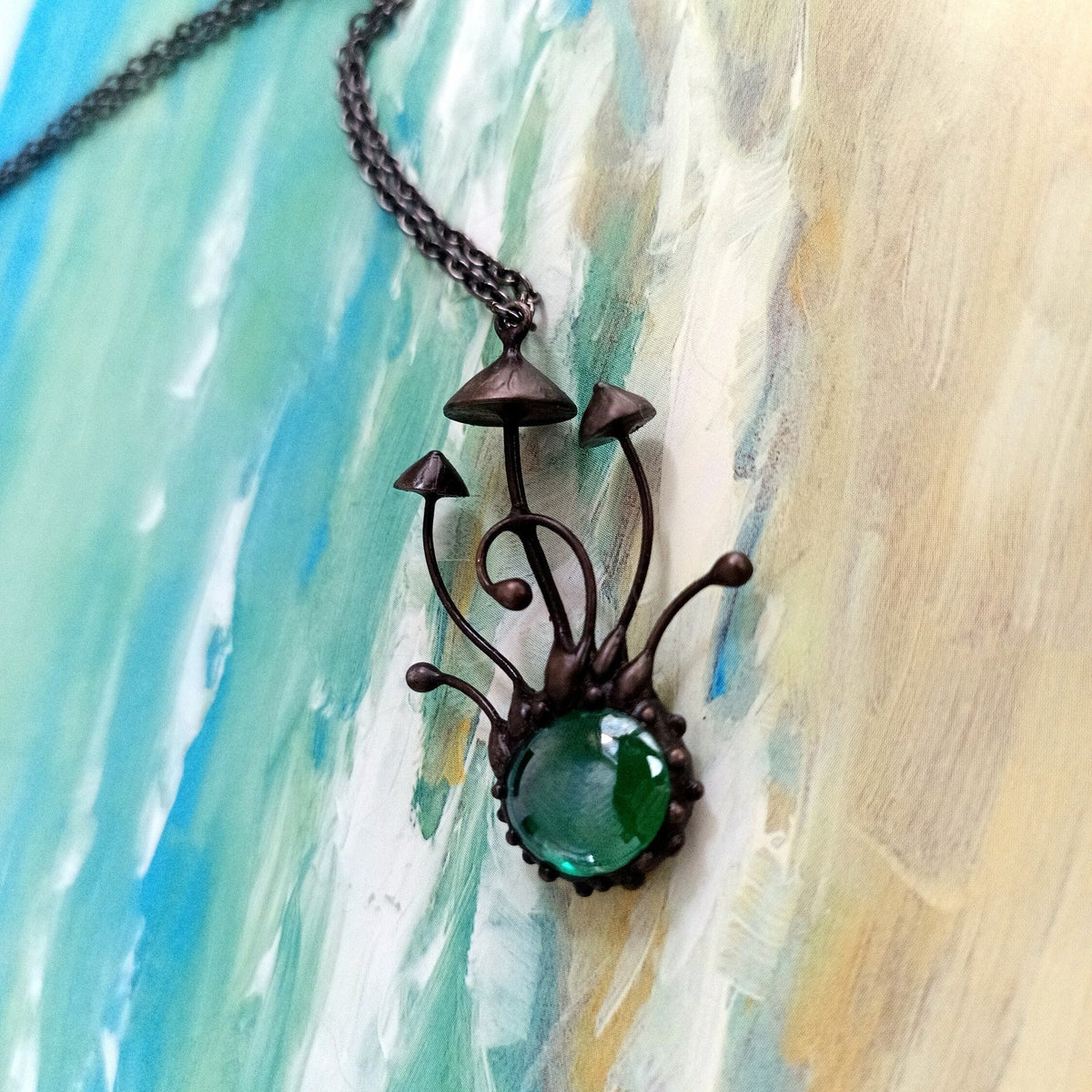 Green Glass Long Stem Mushroom Necklace – Blackened Copper