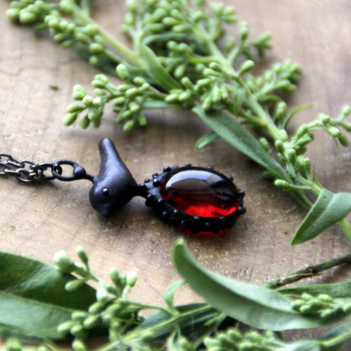 Red Glass Bird Necklace – Blackened Copper & Pewter Woodland Pendant – Boho